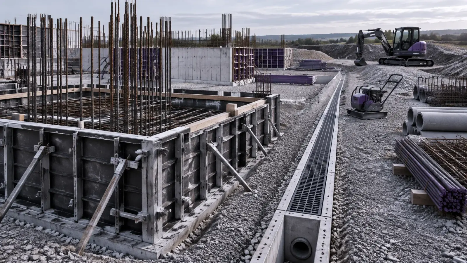 Concrete formwork, reinforcement, drainage and compact plant arranged on a generic civils site