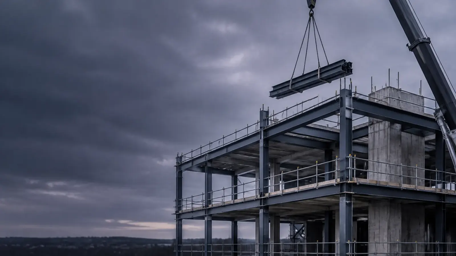 Steel frame and concrete structure under construction with a crane lifting a beam