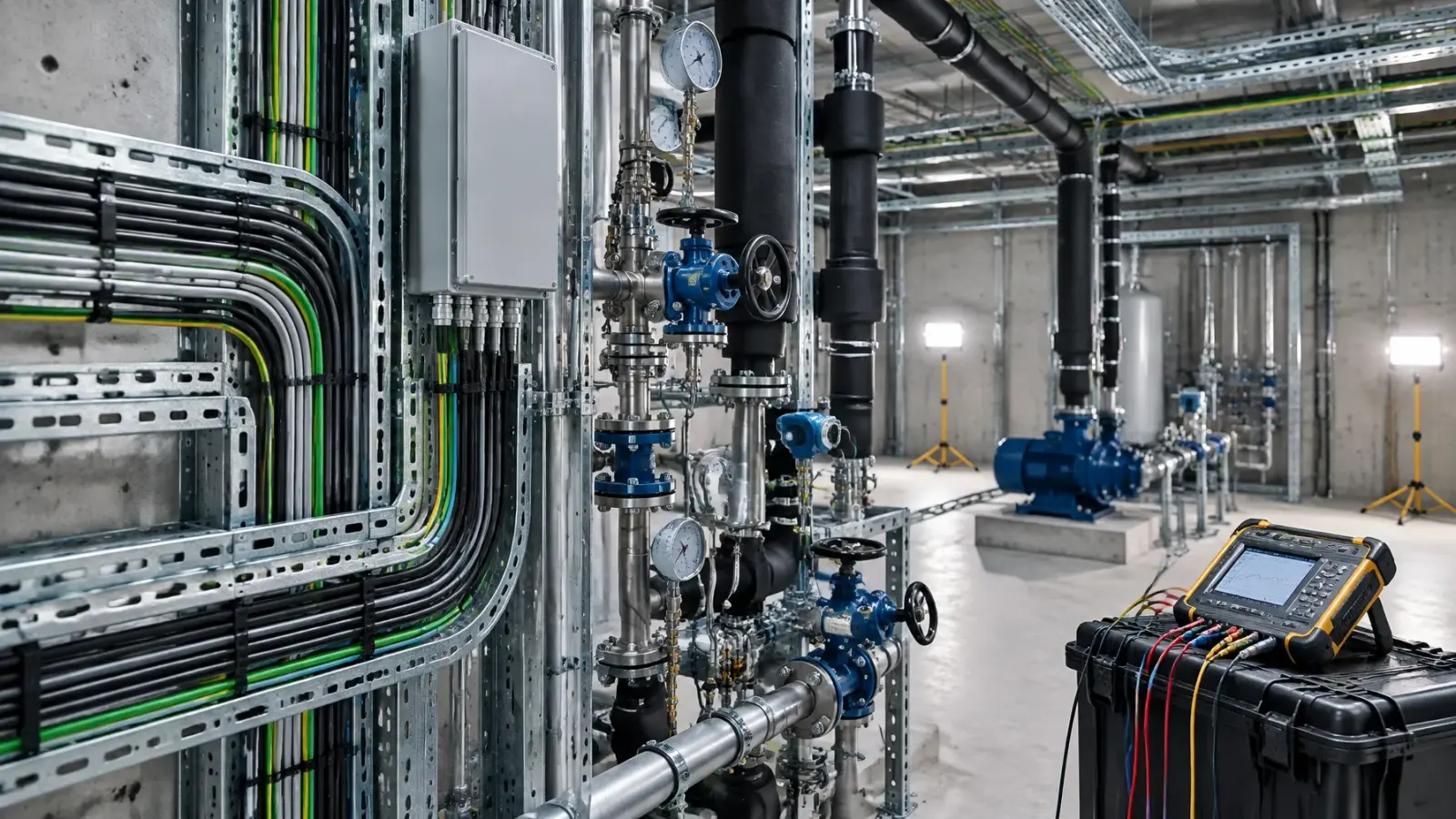Cable trays, conduits, valves, pipework and commissioning test equipment in a generic plant room