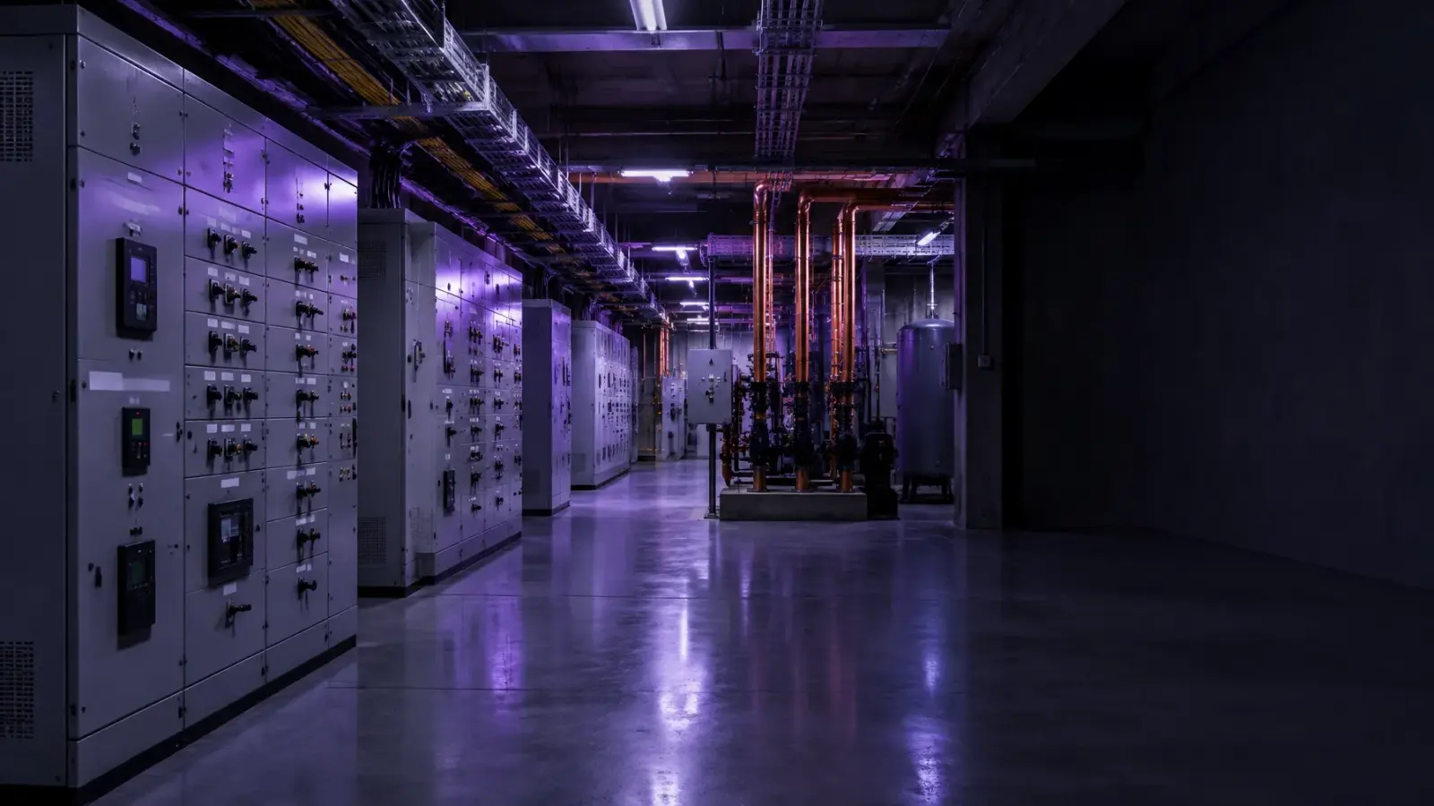 Generic plant room with switchgear, cable containment and copper pipework under violet work lights